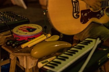 A collection of traditional Puerto Rican percussion instruments.