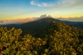 Las montañas verdes y exuberantes de la selva tropical El Yunque se encuentran con el cielo azul y las nubes. También se muestra la torre de observación de Mount Britton.