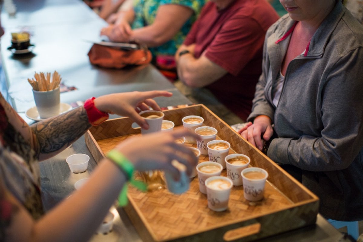 A group samples local coffee in Puerto Rico.