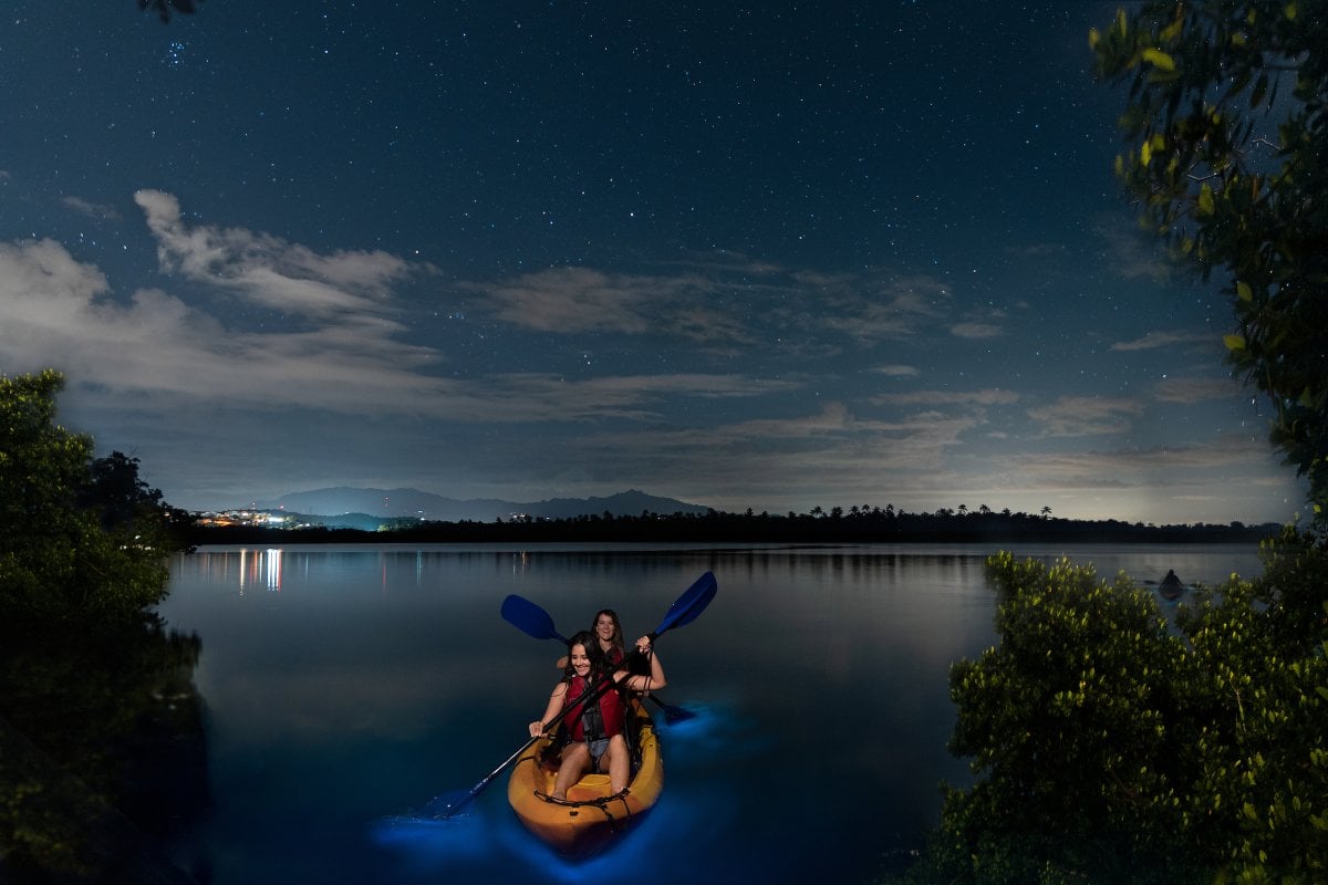 People are kayaking through Vieques' bioluminescent bay. 