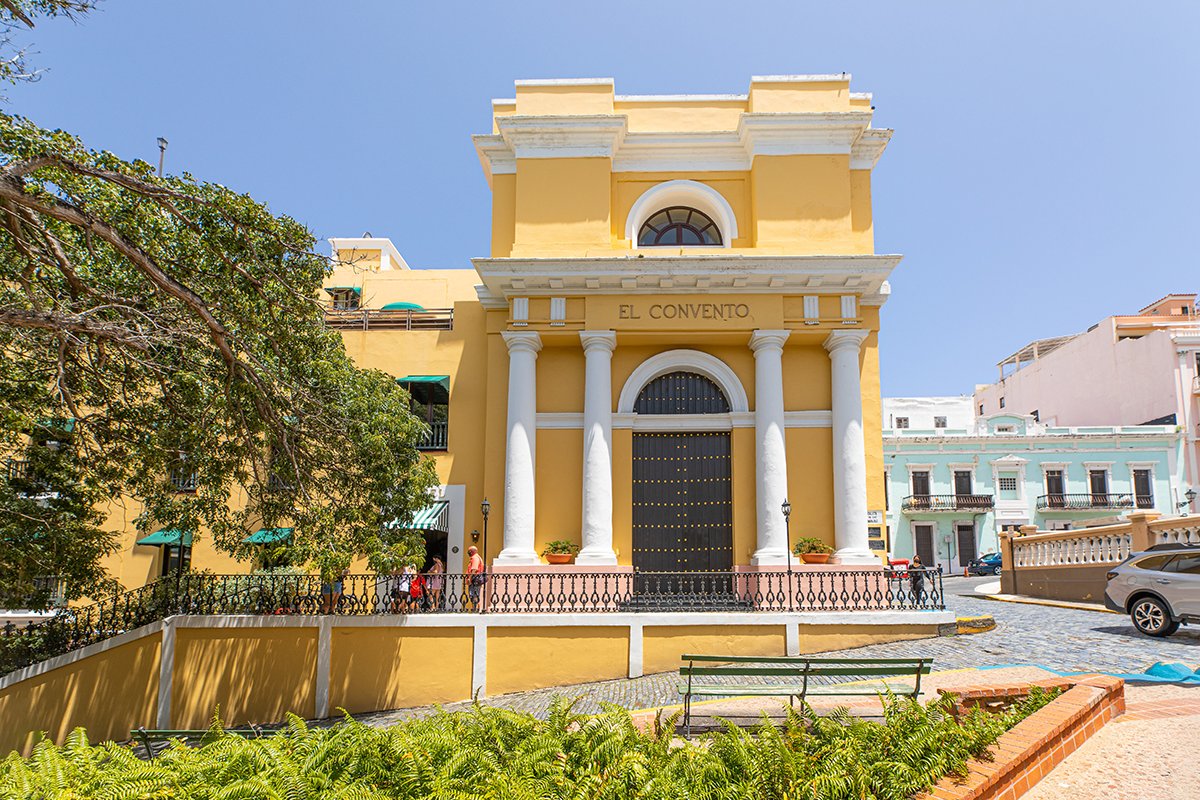 Outside view of El Convento Hotel, a religious school that later became Puerto Rico's first convent in the 17th century with Carmelite nuns.