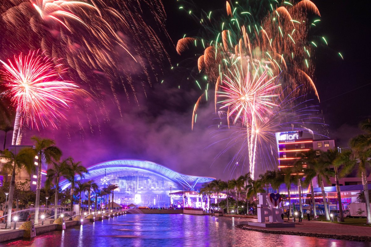 View of fireworks at the Puerto Rico Convention Center in San Juan.