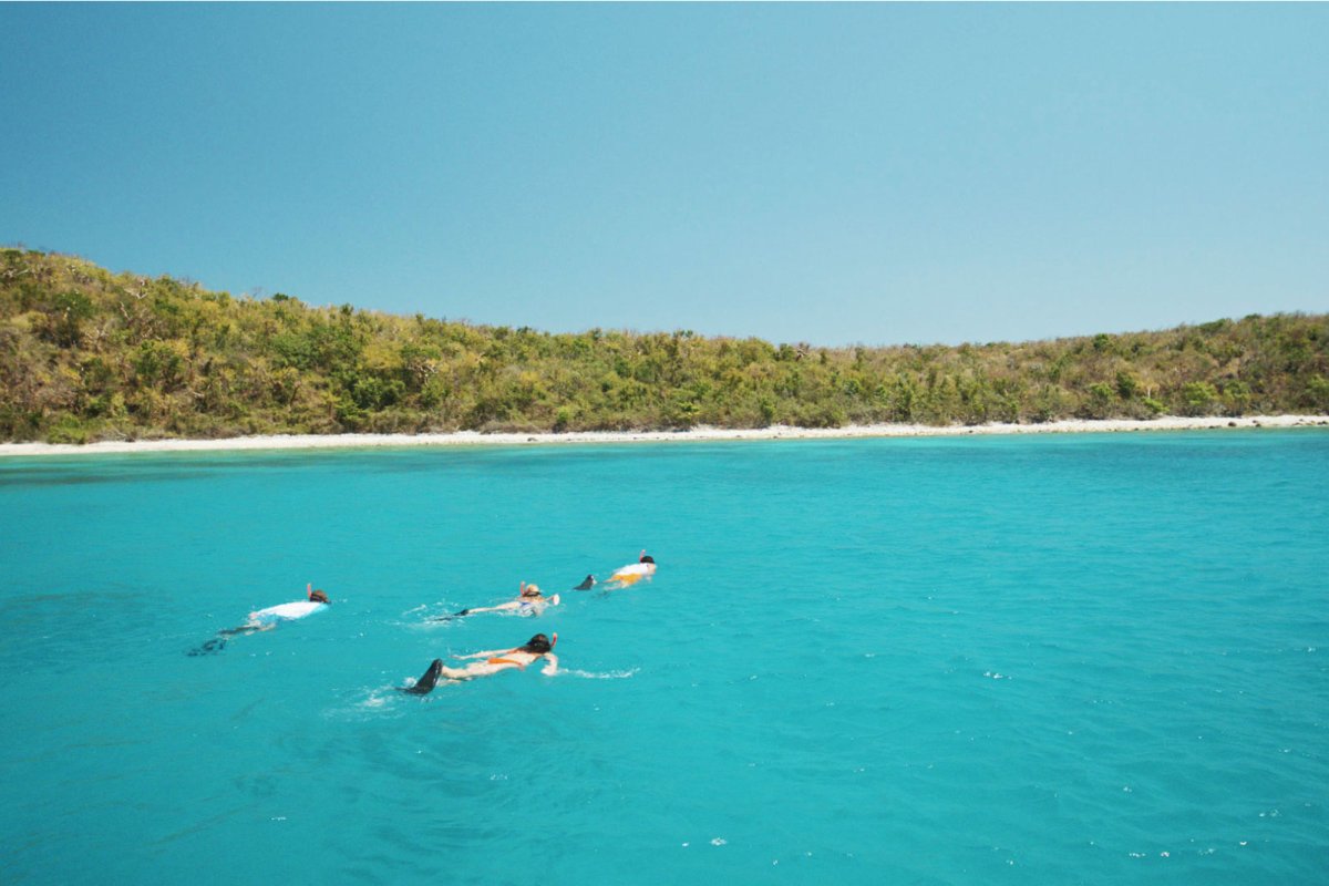 A group of people snorkel on clear turquoise water at Flamenco Beach in Culebra.