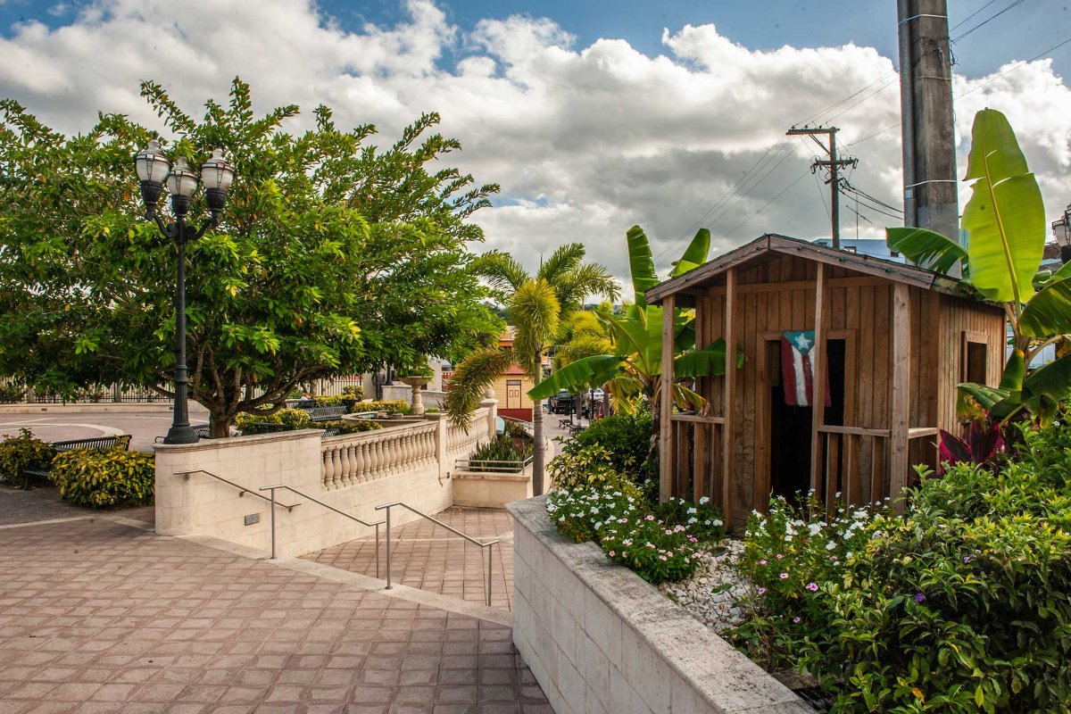 Historic buildings and lush trees in the main plaza of Corozal, Puerto Rico.