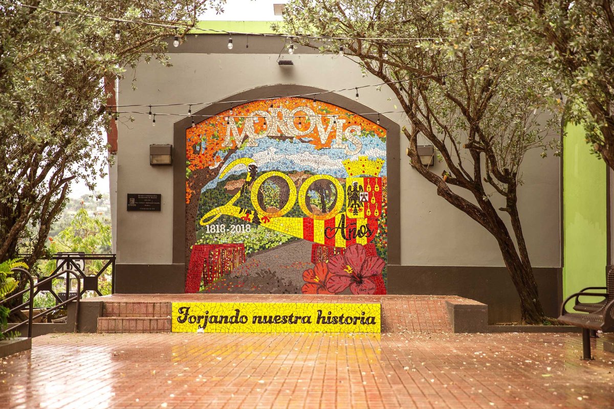 A colorful mosaic honoring Morovis' history in the town's brick-lined square.