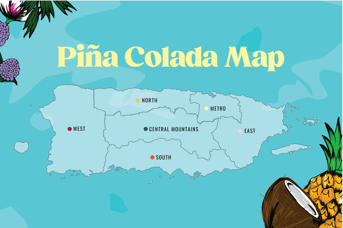 illustrative map of Puerto Rico decored with pina colada