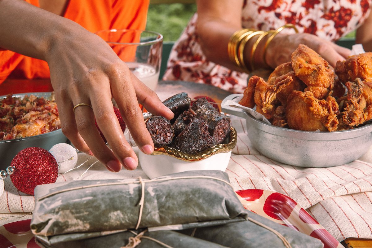 Table with a a variety of holiday foods