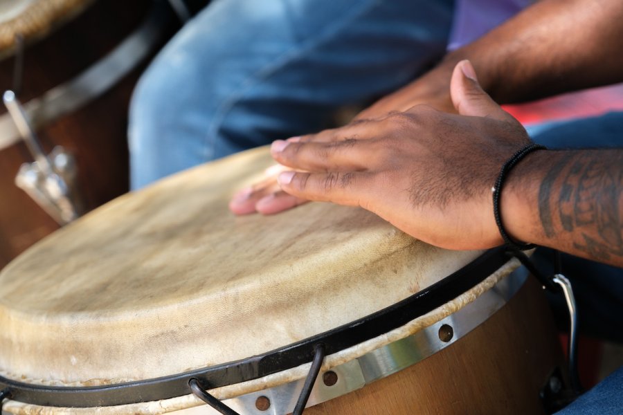 Closeup of a conga, a traditional instrument used often in Puerto Rican music.