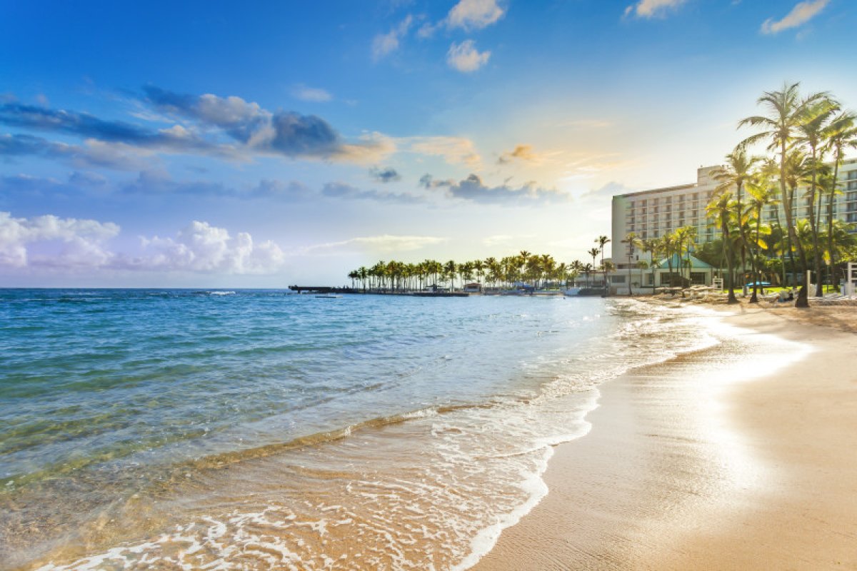 Beach view of the Caribe Hilton Hotel.