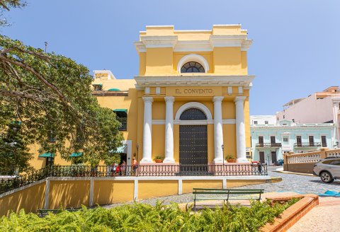 Outside view of El Convento Hotel, a religious school that later became Puerto Rico's first convent in the 17th century with Carmelite nuns.