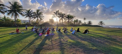 Outdoor yoga class.