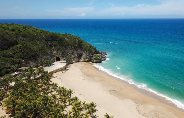 Aerial view of Tunel de Guajataca, where a former railroad tunnel meets the beach.