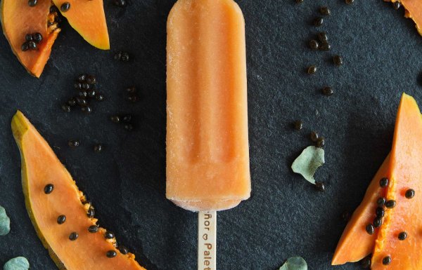 An orange popsicle is pictured on a black background surrounded by orange fruit slices.