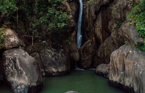 Rio Espíritu Santo waterfall spills into a lake surrounded by dense forest in El Yunque National Forest, Puerto Rico.