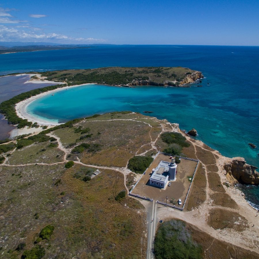 An aerial view of Los Morrillos Lighthouse and Cabo Rojo National Wildlife Refuge.