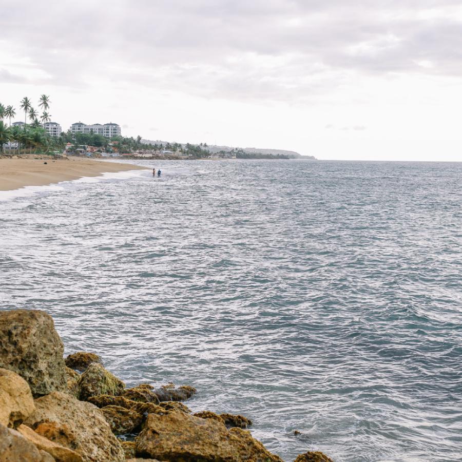 Rocks in the foreground with beach and ocean stretching back into the distance