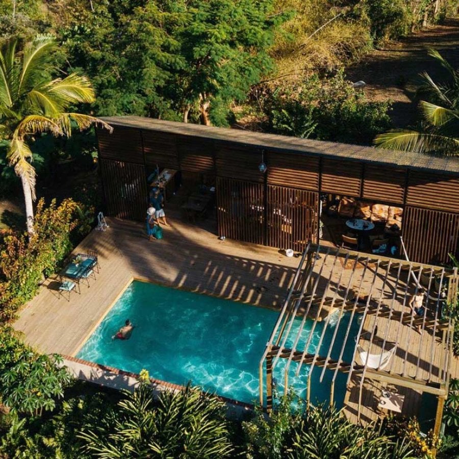 Overhead shot of the pool and resort at Finca Victoria in Vieques, Puerto Rico.