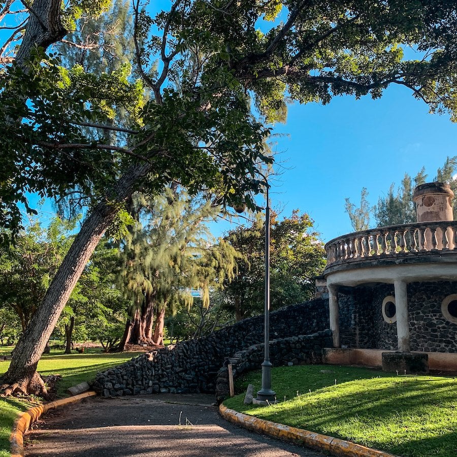 Walkway meandering through Luis Muñoz Rivera Park on a sunny day in San Juan.