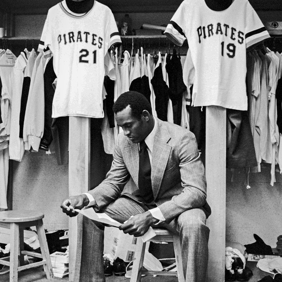 Roberto Clemente in his dressing room.