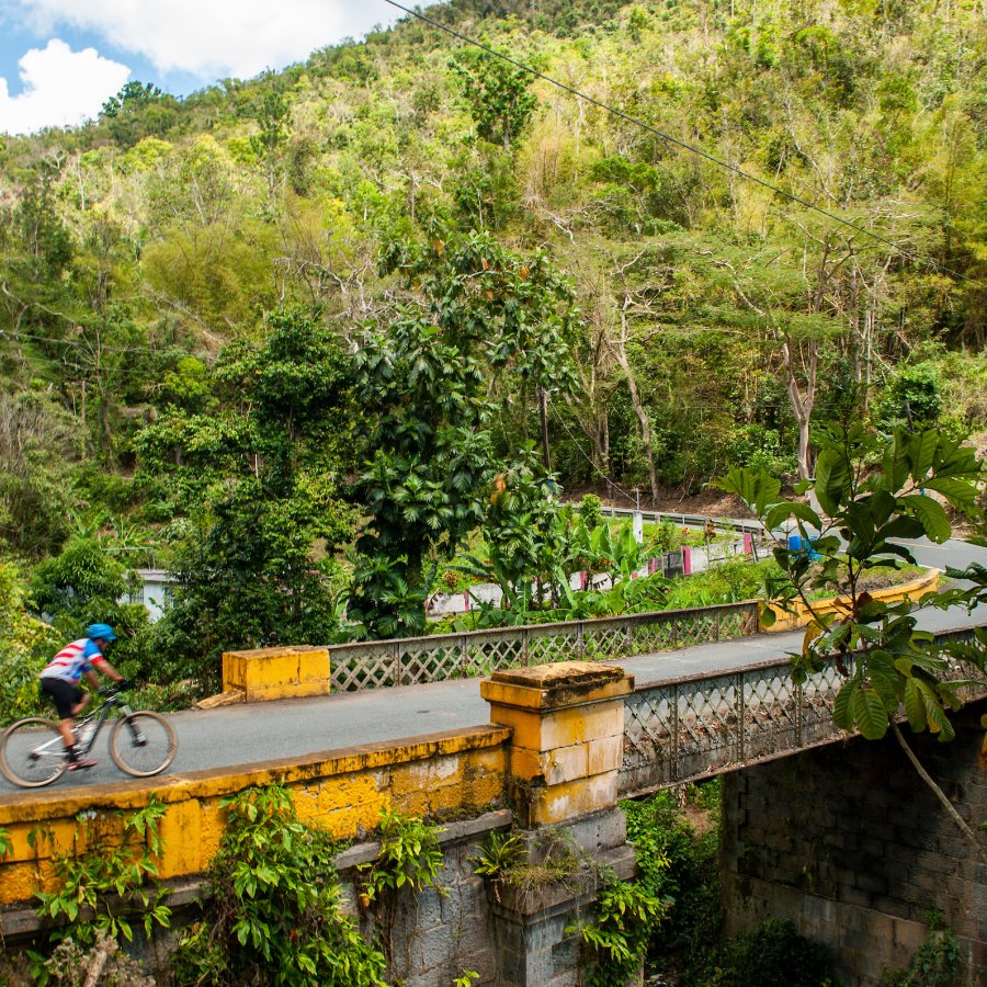 Cyclist on a bridge in Aibonito.