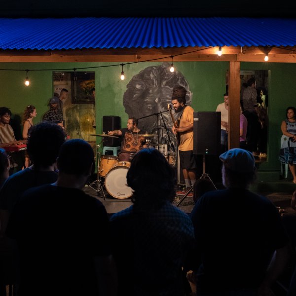 A group of people watching a musical performance in a backyard.