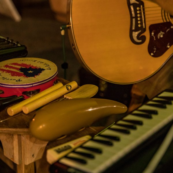 A collection of traditional Puerto Rican percussion instruments.